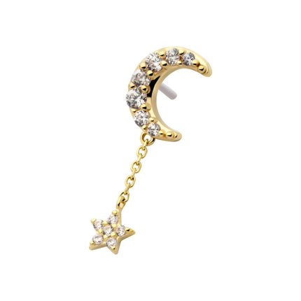 Invictus 14Kt Gold Threadless Pave Set CZ Crescent Moon Top with Pave Set CZ Star Dangle Chain