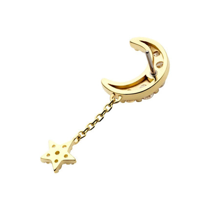 Invictus 14Kt Gold Threadless Pave Set CZ Crescent Moon Top with Pave Set CZ Star Dangle Chain