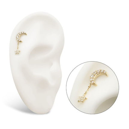 Invictus 14Kt Gold Threadless Pave Set CZ Crescent Moon Top with Pave Set CZ Star Dangle Chain