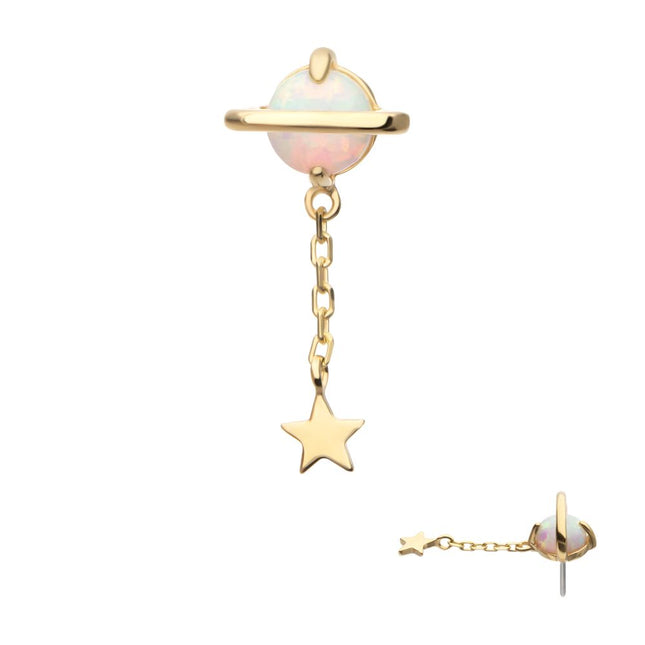 Invictus 14Kt Yellow Gold Threadless Opal Planet Top with Chain Star Dangle