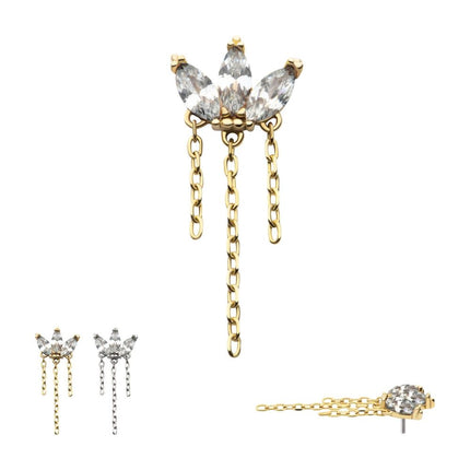 Invictus 14Kt Gold Threadless 3 Cluster Fan Shape Marquise CZ/Opal Top with Dangle Triple Chain