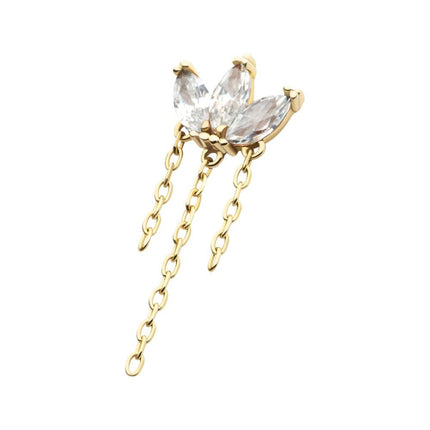 Invictus 14Kt Gold Threadless 3 Cluster Fan Shape Marquise CZ/Opal Top with Dangle Triple Chain