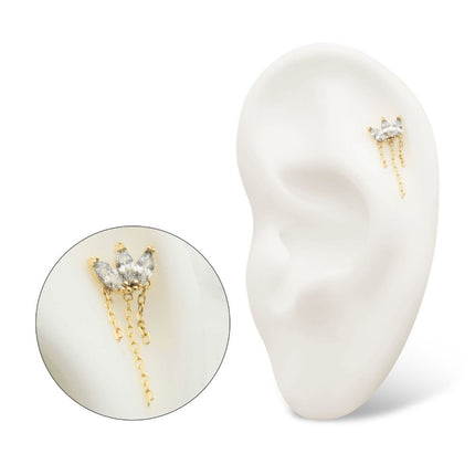 Invictus 14Kt Gold Threadless 3 Cluster Fan Shape Marquise CZ/Opal Top with Dangle Triple Chain
