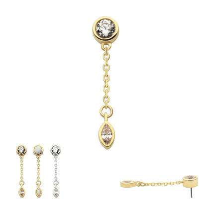 Invictus 14Kt Gold Threadless Bezel Set Round & Marquise CZ with Dangle Chain Top
