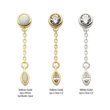 Invictus 14Kt Gold Threadless Bezel Set Round & Marquise CZ with Dangle Chain Top