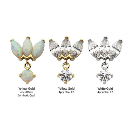 Invictus 14Kt Gold Threadless 3 Cluster Fan Shape Marquise CZ/Opal Top with Dangle Prong Set CZ/Opal