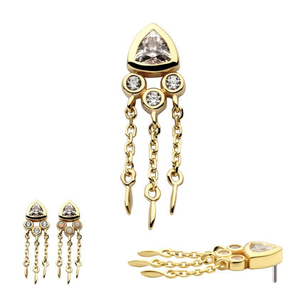 Invictus 14Kt Yellow Gold Threadless Bezel Round & Trillion CZ Top with Triple Dangle Chain