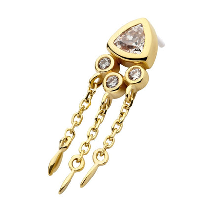 Invictus 14Kt Yellow Gold Threadless Bezel Round & Trillion CZ Top with Triple Dangle Chain