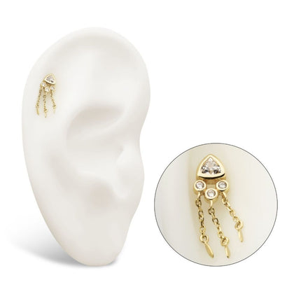 Invictus 14Kt Yellow Gold Threadless Bezel Round & Trillion CZ Top with Triple Dangle Chain