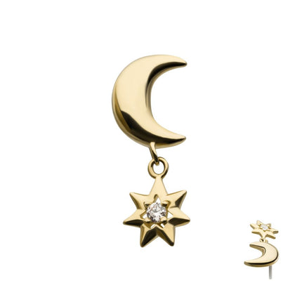 Invictus 14Kt Yellow Gold Threadless Crescent Moon with Dangle CZ Star Top