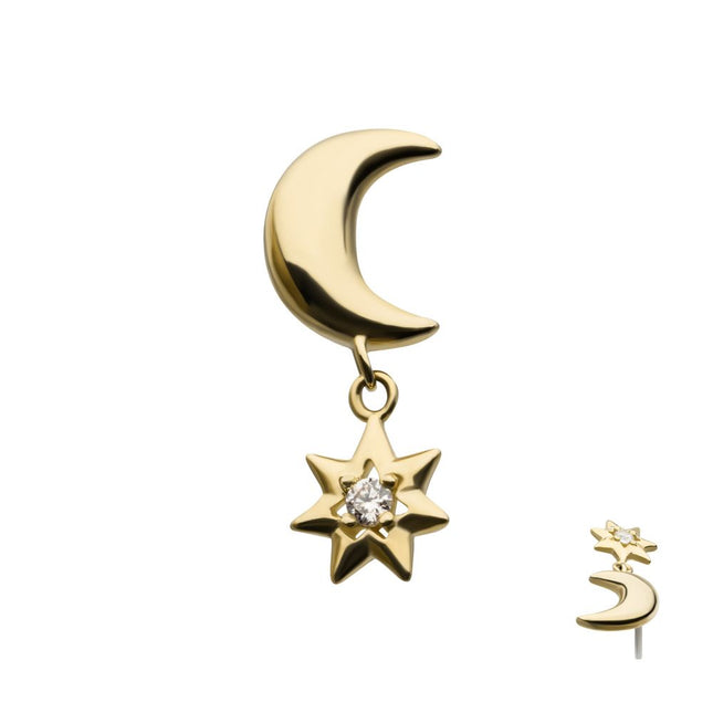 Invictus 14Kt Yellow Gold Threadless Crescent Moon with Dangle CZ Star Top