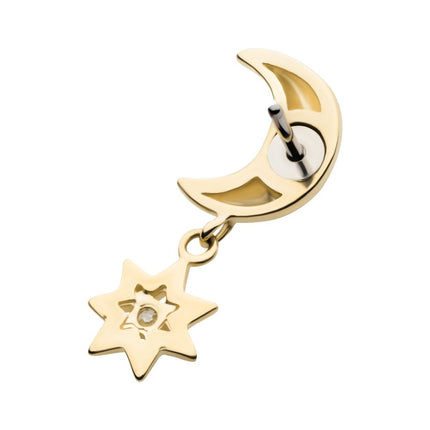 Invictus 14Kt Yellow Gold Threadless Crescent Moon with Dangle CZ Star Top