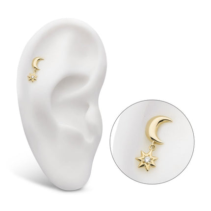 Invictus 14Kt Yellow Gold Threadless Crescent Moon with Dangle CZ Star Top