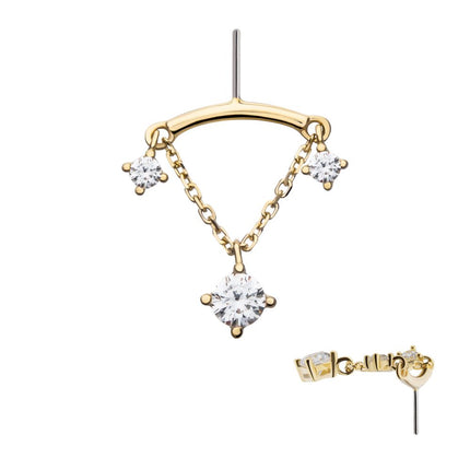 Invictus 14Kt Yellow Gold Threadless Vertical Helix Curved Bar Top with Double Floating Gem & CZ Chain Dangle