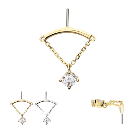 Invictus 14Kt Gold Threadless Vertical Helix Curved Bar Top with Gem Chain Dangle