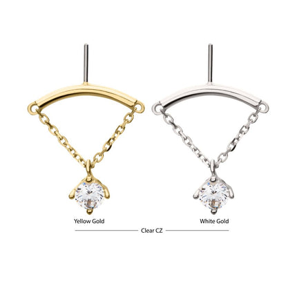 Invictus 14Kt Gold Threadless Vertical Helix Curved Bar Top with Gem Chain Dangle