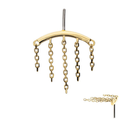 Invictus 14Kt Yellow Gold Threadless Vertical Helix Curved Bar Top with Crescent Moon and Stars Chain Dangle