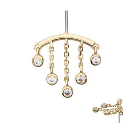 Invictus 14Kt Yellow Gold Threadless Vertical Helix Curved Bar Top with 5-Chain & Bezel Set Gem  Dangle