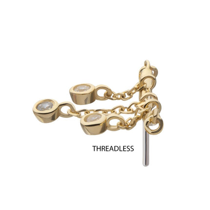 Invictus 14Kt Yellow Gold Threadless Vertical Helix Curved Bar Top with Double Floating Gem & CZ Chain Dangle
