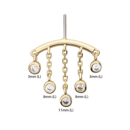 Invictus 14Kt Yellow Gold Threadless Vertical Helix Curved Bar Top with Double Floating Gem & CZ Chain Dangle