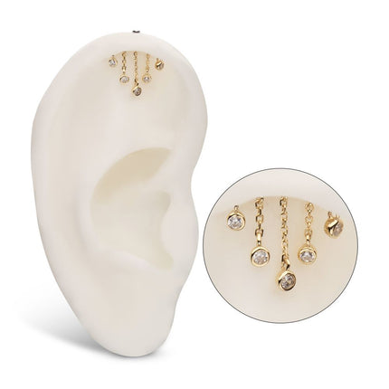 Invictus 14Kt Yellow Gold Threadless Vertical Helix Curved Bar Top with 5-Chain & Bezel Set Gem  Dangle