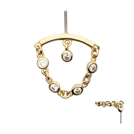 Invictus 14Kt Yellow Gold Threadless Vertical Helix Curved Bar Top with Bezel Set Round Gem Dangle