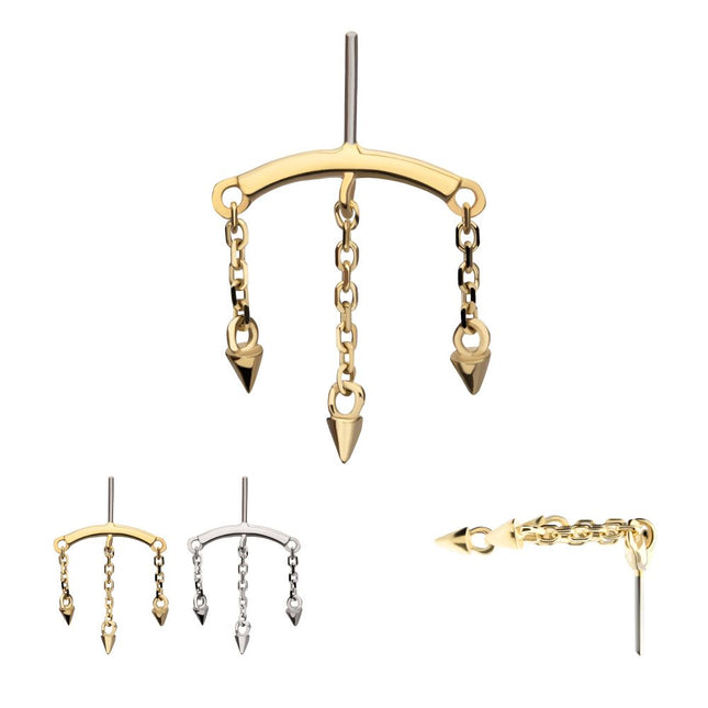 Invictus 14Kt Gold Threadless Vertical Helix Curved Bar Top with 3 Spike Chain Dangle