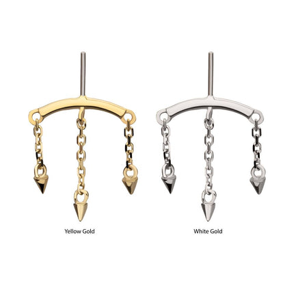 Invictus 14Kt Gold Threadless Vertical Helix Curved Bar Top with 3 Spike Chain Dangle