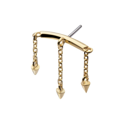 Invictus 14Kt Gold Threadless Vertical Helix Curved Bar Top with 3 Spike Chain Dangle