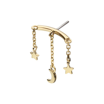 Invictus 14Kt Yellow Gold Threadless Vertical Helix Curved Bar Top with Crescent Moon and Stars Chain Dangle