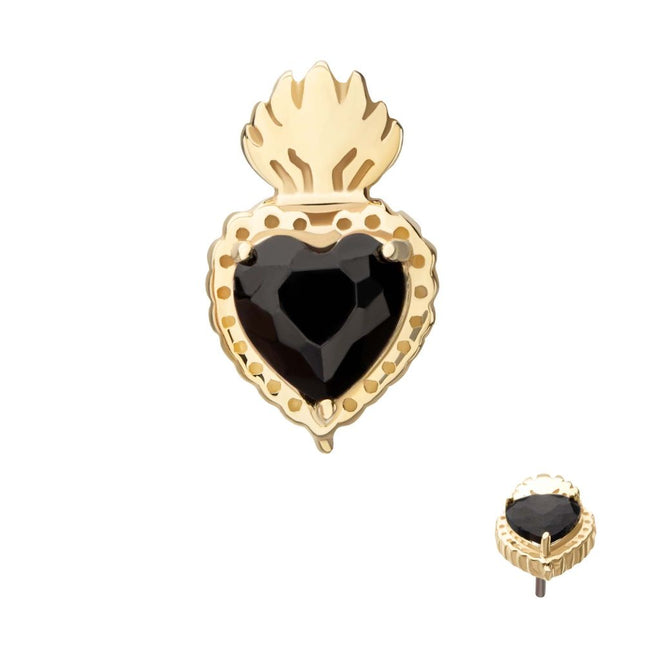 Invictus 14Kt Yellow Gold Threadless Prong Set Black Gem Sacred Heart Top