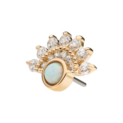 Invictus 14Kt Yellow Gold Threadless with Bezel Set White Synthetic Opal & Prong Set Clear CZ Fan Cluster Top