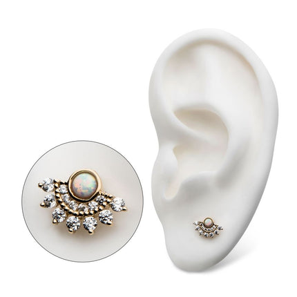 Invictus 14Kt Yellow Gold Threadless with Bezel Set White Synthetic Opal & Prong Set Clear CZ Fan Cluster Top