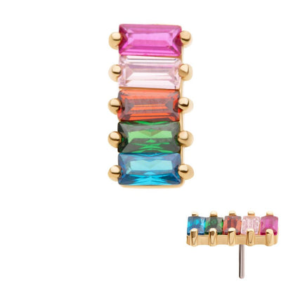 Invictus 14Kt Yellow Gold Threadless with Prong Set Baguette Rainbow CZ 5-Cluster Top