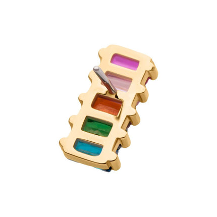 Invictus 14Kt Yellow Gold Threadless with Prong Set Baguette Rainbow CZ 5-Cluster Top