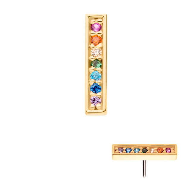 Invictus 14Kt Yellow Gold Threadless with Prong Set Round Rainbow CZ 7-Cluster Bar Top