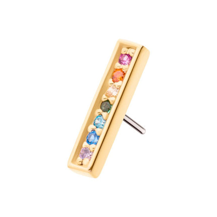 Invictus 14Kt Yellow Gold Threadless with Prong Set Round Rainbow CZ 7-Cluster Bar Top