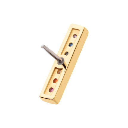 Invictus 14Kt Yellow Gold Threadless with Prong Set Round Rainbow CZ 7-Cluster Bar Top