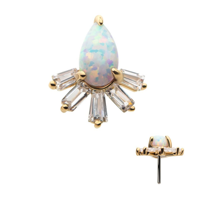 Invictus 14Kt Yellow Gold Threadless with Prong Set Teardrop White Synthetic Opal & Tapered Baguette Clear CZ Cluster Top