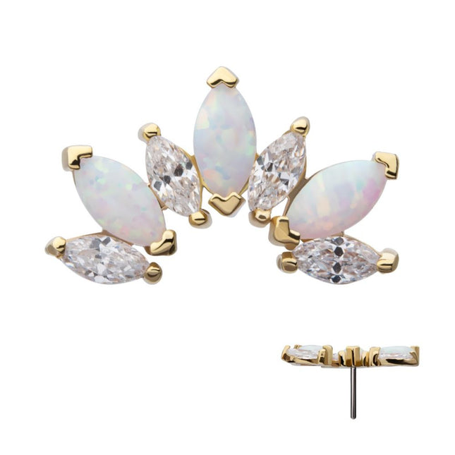 Invictus 14Kt Yellow Gold Threadless Prong Set Marquise CZ/Opal Fan Shape 7-Cluster Top