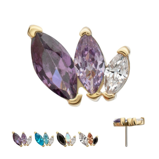 Invictus 14Kt Yellow Gold Threadless "Marquise Cascade" Triple Gem Top