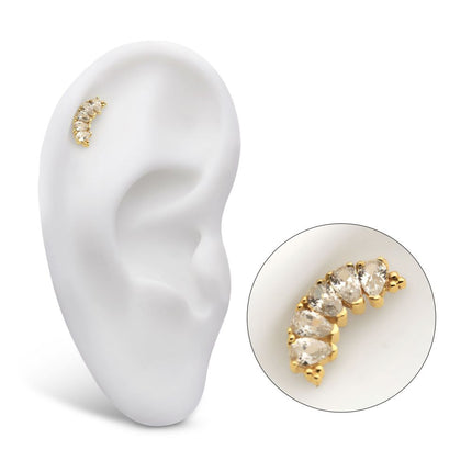 Invictus 14Kt Yellow Gold Threadless with Tri Beads & Teardrop CZ 5-Cluster Top