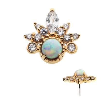 Invictus 14Kt Yellow Gold Threadless with White Synthetic Opal, Round & Marquise Clear CZ Tiara Cluster Top