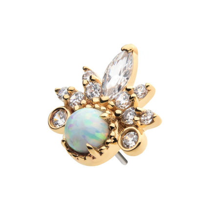 Invictus 14Kt Yellow Gold Threadless with White Synthetic Opal, Round & Marquise Clear CZ Tiara Cluster Top