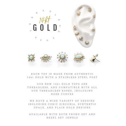 Invictus 14Kt Yellow Gold Threadless with White Synthetic Opal, Round & Marquise Clear CZ Tiara Cluster Top