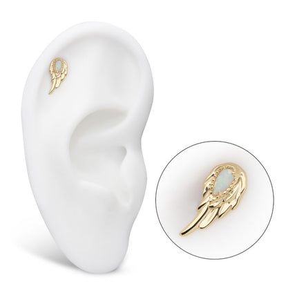 Invictus 14Kt Yellow Gold Threadless Prong Set Teardrop White Opal Wing Top (Left Ear)