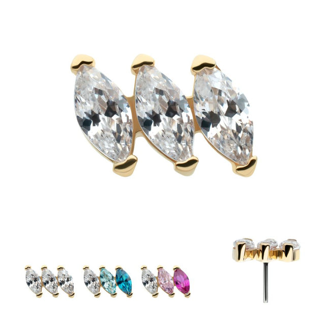 Invictus 14Kt Yellow Gold Threadless Pronged Marquise CZ 3-Cluster Top