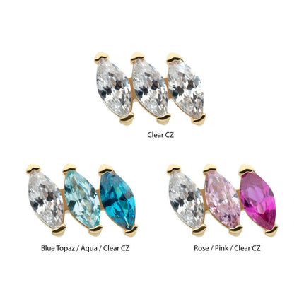 Invictus 14Kt Yellow Gold Threadless Pronged Marquise CZ 3-Cluster Top