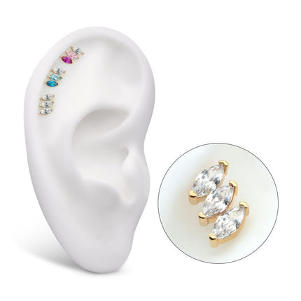 Invictus 14Kt Yellow Gold Threadless Pronged Marquise CZ 3-Cluster Top