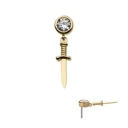 Invictus 14Kt Yellow Gold Threadless Bezel Set Round CZ with Dangle Dagger Top